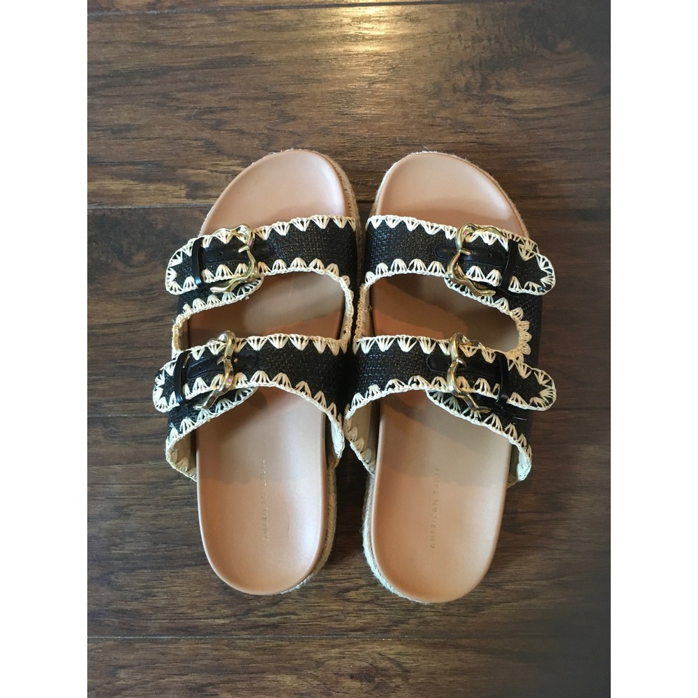 American Eagle Womens Black Woven Crochet Double Strap Buckle Espadrille Sandals